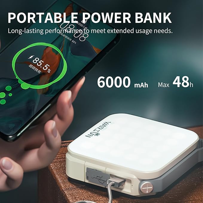 WARSUN 1000 Lumens Rechargeable LED Work Light – 6000mAh Portable Camping Tent Light with Solar Charging, 4 Color Temperatures, 3 Brightness Levels, Hanging Flashlight