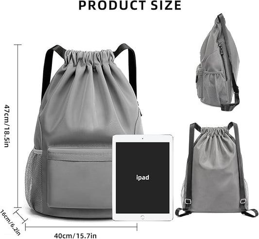 Sports Drawstring Backpack String Swimming Gym Bag Backpack with Shoes Compartment and Pocket for Men Women (grey)