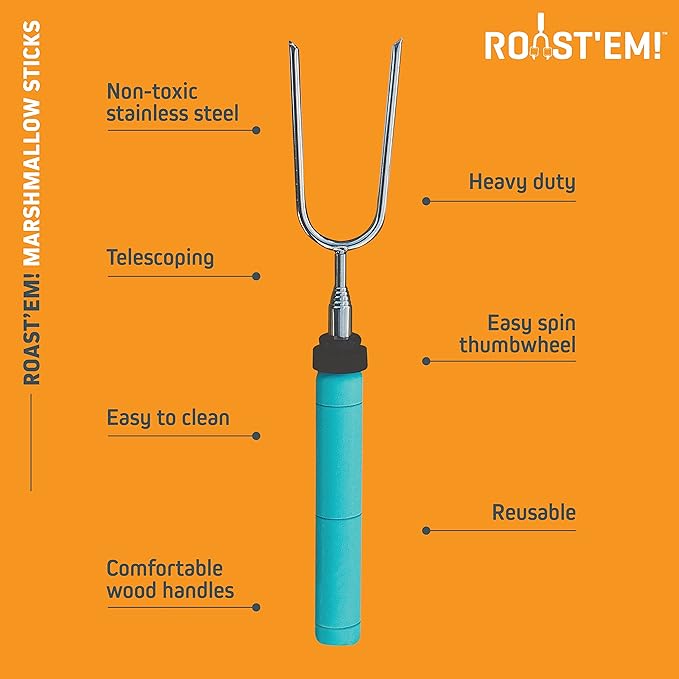 Rotating Marshmallow Roasting Sticks for Campfire & Bonfire | Extra Long Hot Dog & Smores Sticks for Fire Pit | Camping Smores Kit | Retractable Campfire Skewers | Set of 5