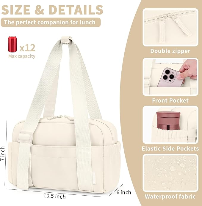 ZOMFELT Insulated Lunch Bag Women, Cute Lunch Tote Bag Lunch Box for Women, Leakproof Large Capacity Womens Lunch Bags with Adjustable Shoulder Strap for Work Office Outdoor Picnic Camping, Beige