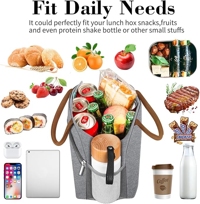 Coobiiya Lunch box for Women/Men/Adult, Lunch Box Lunch Bag Women, Small Leakproof Cute Lunch Tote Large Capacity Reusable Insulated Cooler Lunch Container for Work/Office/Picnic/Beach-Grey