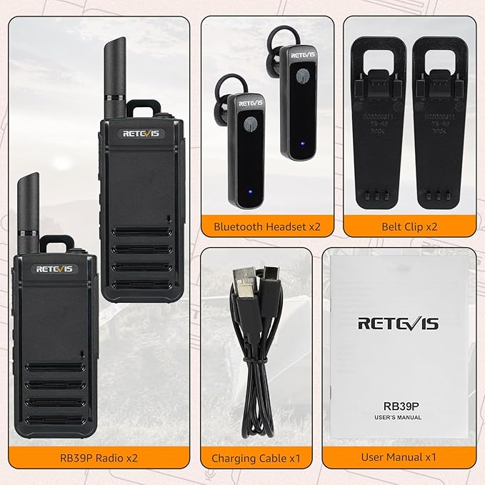 Retevis RB39P Bluetooth Walkie Talkies, Wireless Two Way Radios with Earpiece, FRS, Ultra-Slim, Mini Size, Type-C, VOX, for Camping, Hiking, Biking(2 Pack)