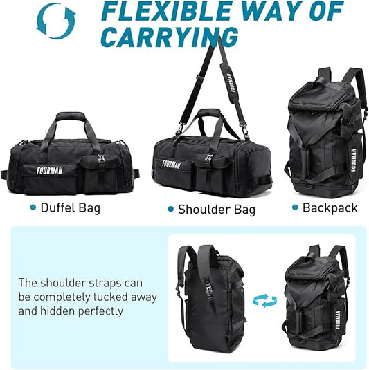 Duffle Backpack Bag with Shoe Compartment, 3 in 1 Weekend Duffel Gym Backpack for Men Waterproof Lightweight Sports Bags for Travel (Black)