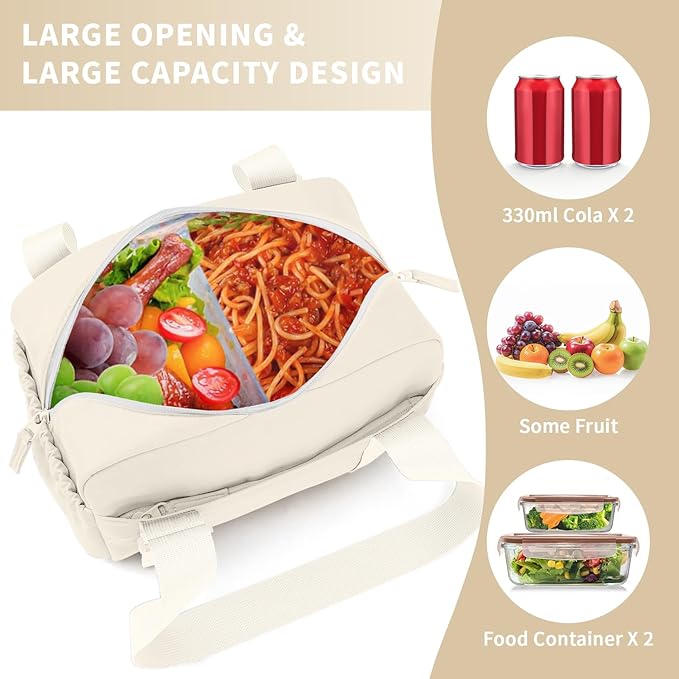ZOMFELT Insulated Lunch Bag Women, Cute Lunch Tote Bag Lunch Box for Women, Leakproof Large Capacity Womens Lunch Bags with Adjustable Shoulder Strap for Work Office Outdoor Picnic Camping, Beige