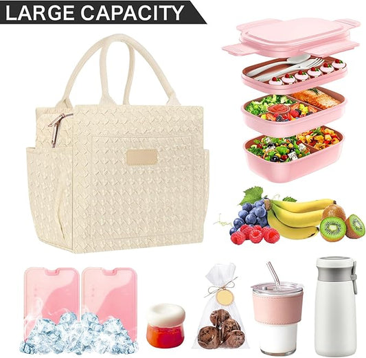 Joymee Lunch Bag Women Insulated Lunch Box Reusable Leakproof Large Spacious Cooler Tote for Women Men Adult with Bottle Holder and Side Pockets for Work Office Travel Picnic - B-Beige