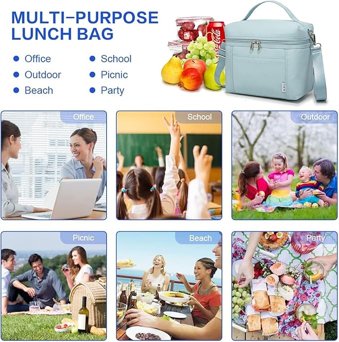 NOL Natural Organic Lifestyle Insulated Lunch Bags for Women Cooler Bag Lightweight Nylon Waterproof Lunch Box For Work (Small, Light blue)