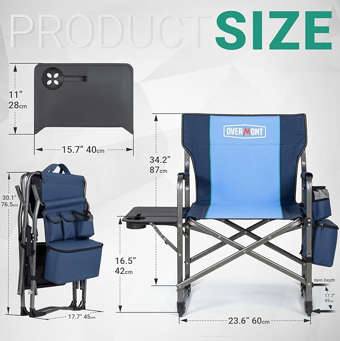 Overmont Oversized Lightweight Camping Chair - Comfortable Heavy Duty Foldable Directors Chairs with Side Table & Cooler Bag for Outside Camp Beach Picnic Lawn and Fishing Supports 400lbs