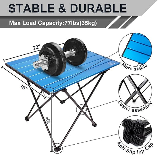 Camping Table Folding Portable Camp Side Table Aluminum Lightweight Carry Bag Beach Outdoor Hiking Picnics BBQ Cooking Dining Kitchen Blue Medium