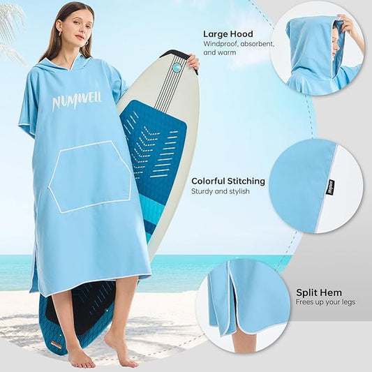 Microfiber Surf Poncho Changing Towel Robe with Changing Mat, Quick Dry Hooded Towel Poncho with Pocket for Beach, Pool, Swim, Wetsuit Changing (Light Blue)