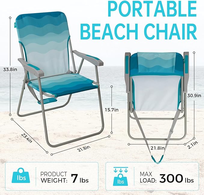 #WEJOY Folding Beach Chair for Adults, Lightweight Beach Chair with Shoulder Straps, High Back Beach Chairs with Hard Armrest, Supports 300lbs for Beach Lawn Concert