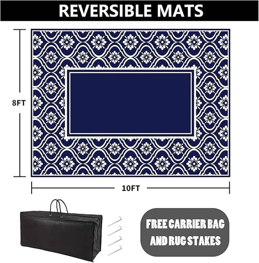 Outdoor Rug 8x10 Patio Waterproof Mat Camping Carpet Blue Outside Area Rug Reversible Rugs for RV Deck Entryance Porch Picnic Balcony Beach