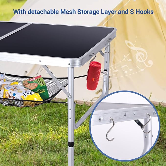 Sportneer Folding Table: Adjustable Height Camping Essentials 35.4" L x 23.6" W 2 Height with Mesh Layer - Compact & Portable Small Folding Table for Outdoor Camp Garden Picnic BBQ Dining Cooking