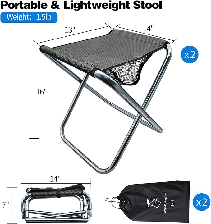 2 Pack Camping Stool, 16in Tall Large Size Folding Stool with Carry Bag, Aluminum Alloy Bracket, 1.5lbs Lightweight, Load Capacity to 300lbs, for Travel, BBQ, Fishing(2 Pack Grey)