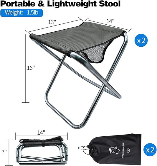 2 Pack Camping Stool, 16in Tall Large Size Folding Stool with Carry Bag, Aluminum Alloy Bracket, 1.5lbs Lightweight, Load Capacity to 300lbs, for Travel, BBQ, Fishing(2 Pack Grey)