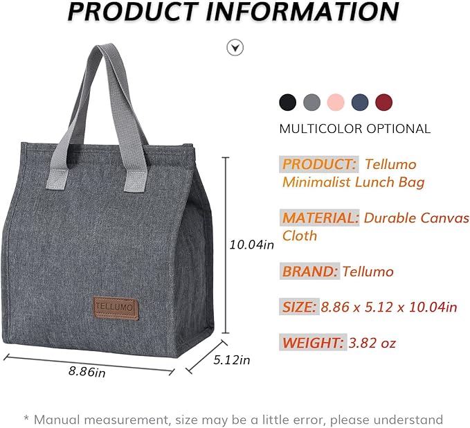 TELLUMO Lunch bag, Insulated Lunch Bag for Women Men Large Lunch Box Container Reusable Leakproof Tote for Office, Work, School, Beach or Travel (Grey)