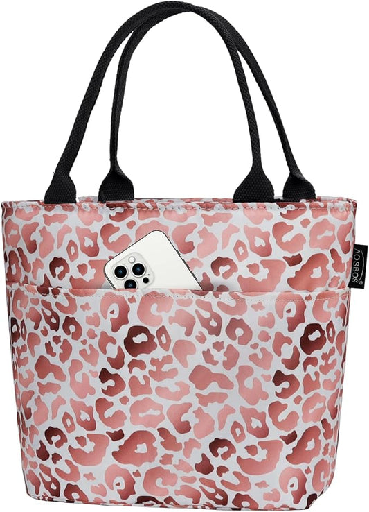 Aosbos Leopard Lunch Bag Women Lunch Bags for Adult Lunch Box for Women Insulated Lunch Tote Bag Lunchbox Portable Cooler Bag Bento Box Bag for Work, Pink Leopard Print