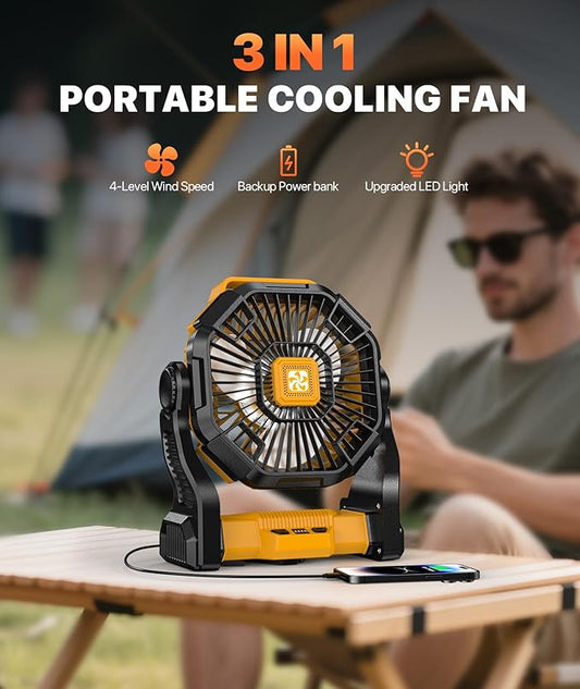 Camping Fan Rechargeable - Battery Powered Fans with Light, 20000mAh Portable Camping Fan for Tents, Hook, 270° Rotation Battery Operated Fans for BBQ Travel Desk Beach with Ventilador Recargable