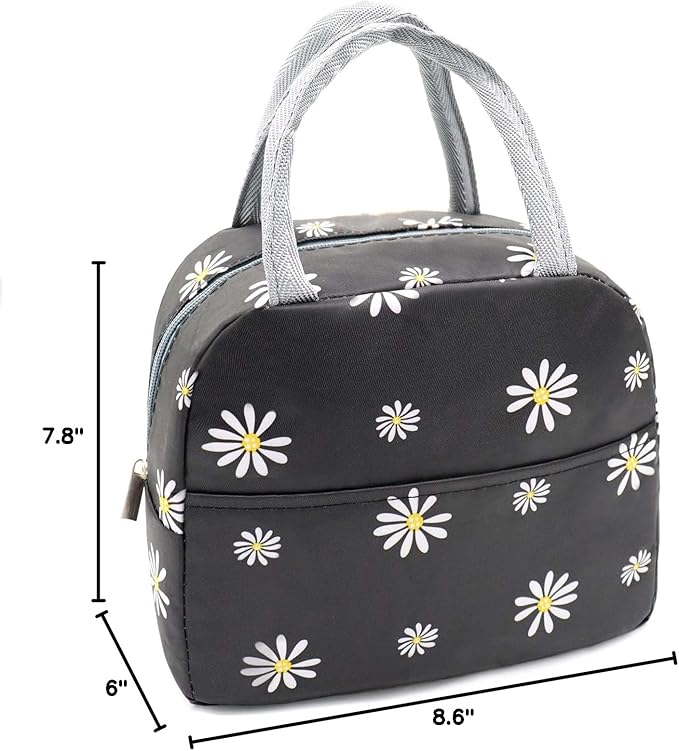 Sonuimy Insulated Lunch Bag Women, Reusable Cute Tote Lunch Box for Adult & Men, Leakproof Cooler Lunch Bags for Work Office Travel Picnic (Black with White Daisy)