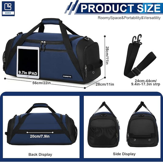 FIORETTO 43L Mens Sports Gym Bag with Wet Pocket & Shoe Compartment, Travel Duffle Bag Overnight Bag with Padded Shoulder Strap, Holdall for Swimming, Basketball, Football Navy