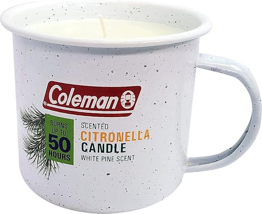 Coleman Repellents Tin Mug Outdoor Citronella Candle | Rustic Outdoor Camping Candle with White Pine Scent, White