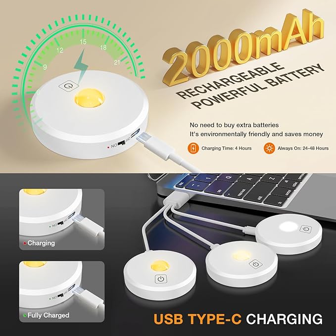 Puck Lights with Remote Control,2000mAh Rechargeable Under Counter Lighting,3 Color Temperatures Dimmable Under Cabinet,Closet Light,3Pack Tap Light for Hallway (White, 3 Pcs)