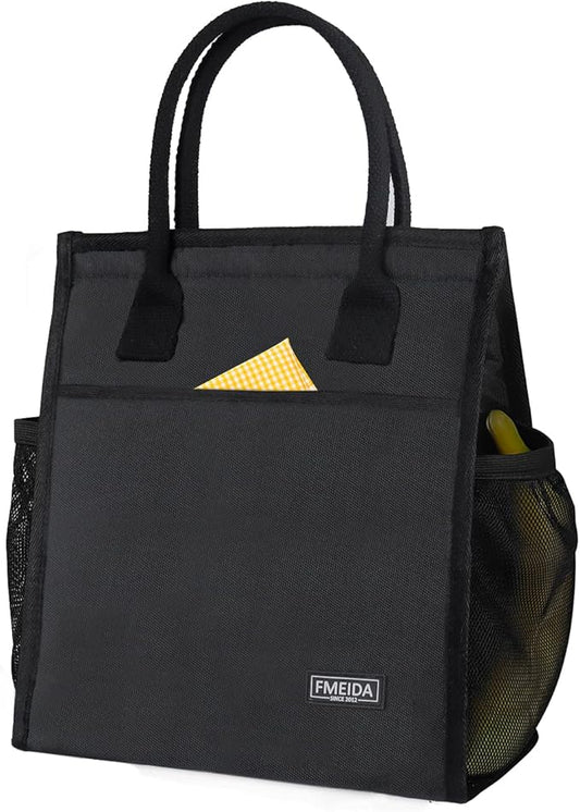 Fmeida Black Lunch Bag For Men Women Insulated Lunch Bags Waterproof Thermal Lunch Box Bag With Front Side Interior Pockets Reusable Lunch Kit