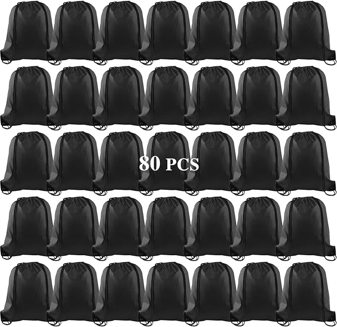 KUUQA 80Pcs Black Drawstring Backpack Bag Sack Drawstring Bags Bulk String Bags Storage Bags for Sport Gym Traveling