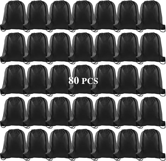 KUUQA 80Pcs Black Drawstring Backpack Bag Sack Drawstring Bags Bulk String Bags Storage Bags for Sport Gym Traveling