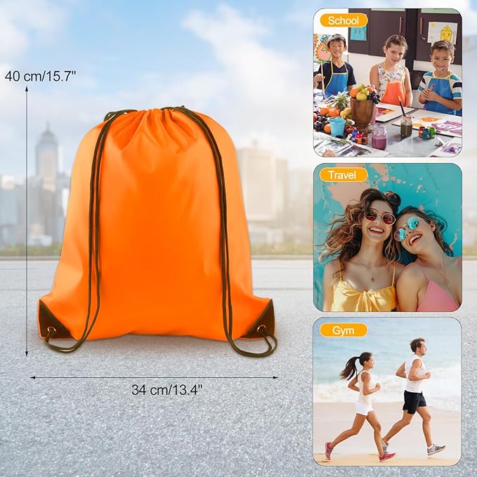 KUUQA 12 Pcs Drawstring Backpack Bags Bulk Orange Drawstring Bag Foldable Gym Bag Sports Cinch Sack String Backpack Storage Bags for Women Men Shopping Gym Travel Sports
