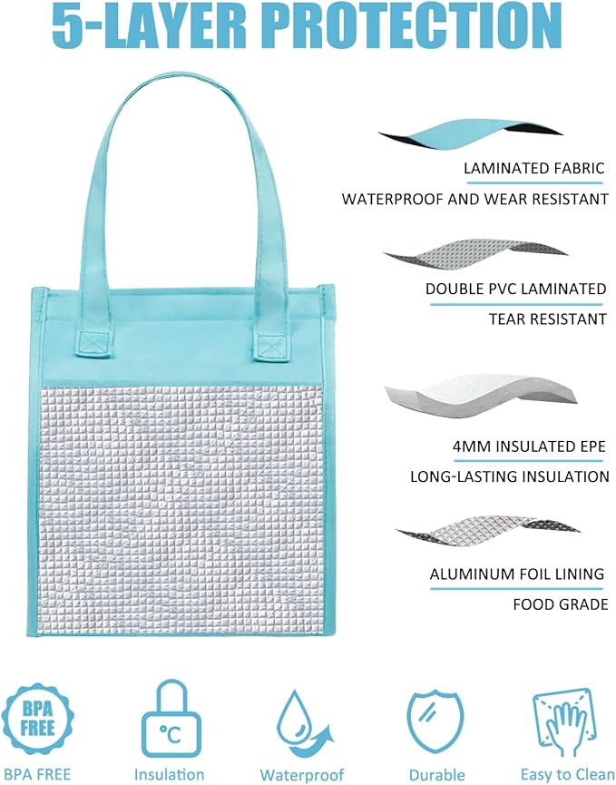 Fmeida Insulated Lunch Bag Women, Simple Lunch Tote Bags, Waterproof Thermal Cooler Lunch Bag, Reusable Adult Lunch Box Bag for Women | Medium Sky Blue, Front&Side&Interior Pockets