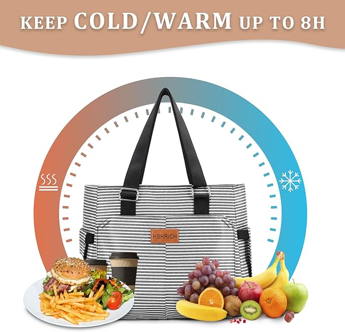Large Women Lunch Bags/Insulated Adult Lunch Box/Leakproof Cooler Lunch Tote Bag with Storage Pocket. Reusable Lunch Purse for Work Picnic Hiking 12L, Stripe