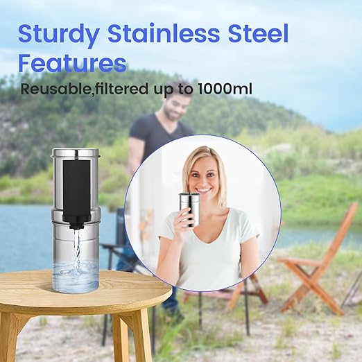 NSF/ANSI 42&372 Standard 1L (1000 ML) Portable Stainless Steel Gravity-Fed Water Filter Gravity Sport Bottle with Carbon Filter, for Travel, Camping, Backpacking and Emergency Preparedness
