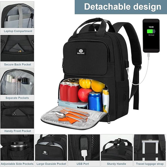 Lunch Backpack for Women Men, Insulated Cooler Lunch Box Backpack, 15.6-inch Laptop Backpacks with USB Port, Water Resistant Leak-proof Lunch Bag for College (Black)
