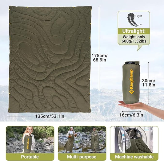 KingCamp Lightweight Camping Blanket - Stylish & Multifunctional Quilt with Snap Button, Portable for Travel, Airplane, Indoor & Outdoor - Provides Warmth - Olive