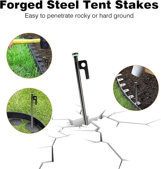 4 Pack Tent Stakes Heavy Duty Metal Tent Pegs with 10in Steel Tent Stakes+Fluorescent Silicone Rings+Special Bag for Camping Used on Rocks, Grassland (10in - 4 Pack)