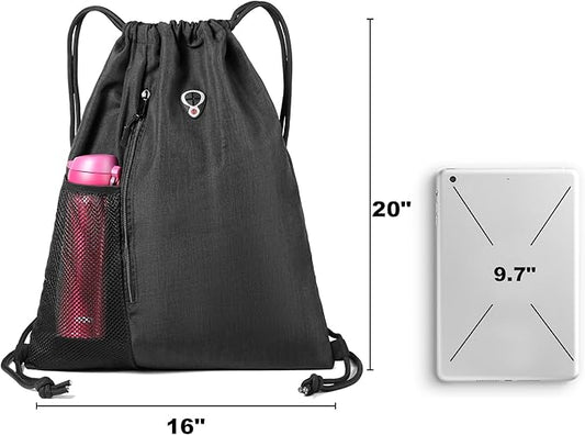 Drawstring Backpack Sports Gym Bag for Women Men Large Size With Two Zipper Pockets and Water Bottle Mesh Pockets