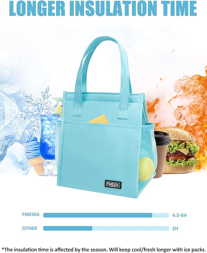Fmeida Insulated Lunch Bag Women, Simple Lunch Tote Bags, Waterproof Thermal Cooler Lunch Bag, Reusable Adult Lunch Box Bag for Women | Medium Sky Blue, Front&Side&Interior Pockets
