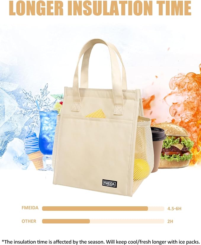 Fmeida Insulated Lunch Bag Women, Simple Lunch Tote Bags, Waterproof Thermal Cooler Lunch Bag, Reusable Adult Lunch Box Bag for Women | 9L Beige, Front&Side&Interior Pockets