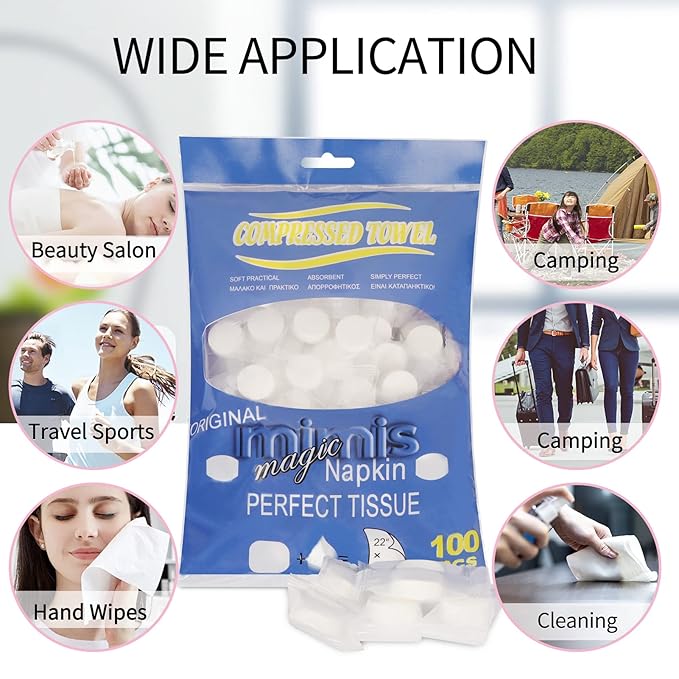 Compressed Towel,100 PCS Disposable Mini Tablets Face Compressed Towels Individual packaging, Compressed Hand Wip, Portable Compressed Coin Tissue for Travel/Home/Outdoor Activities (Blue)