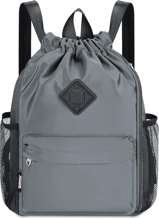 WANDF Drawstring Backpack Sports Gym Bag with Shoes Compartment, Water-Resistant String Backpack Cinch for Women Men(Small,Grey)