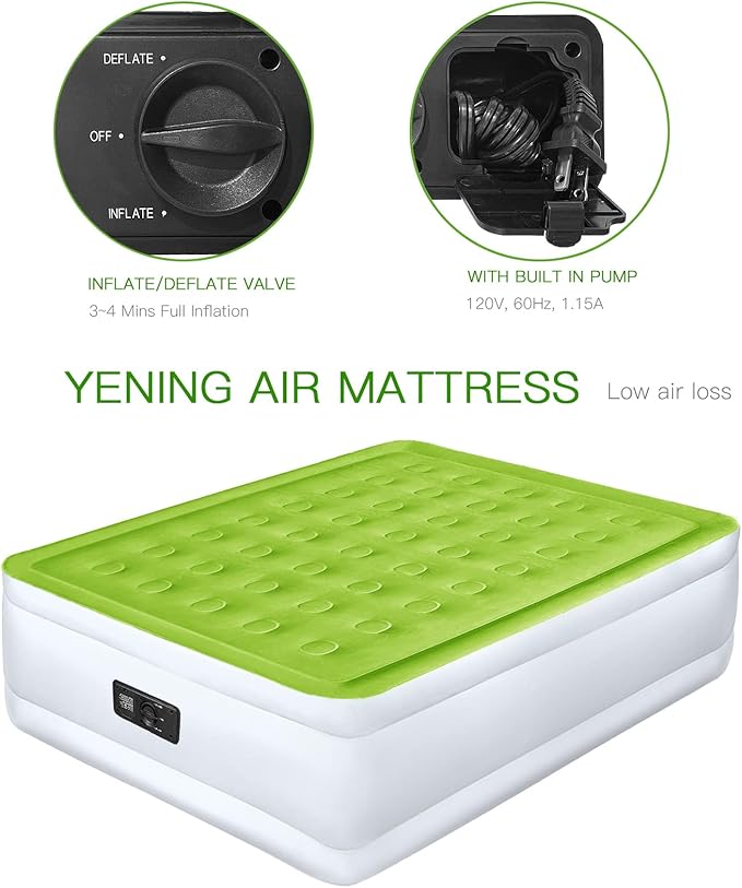 YENING Full Size Air Mattress with Built in Pump Raised Double Blow up Bed Inflatable Camping Airbed Electric 18 Inch Tall