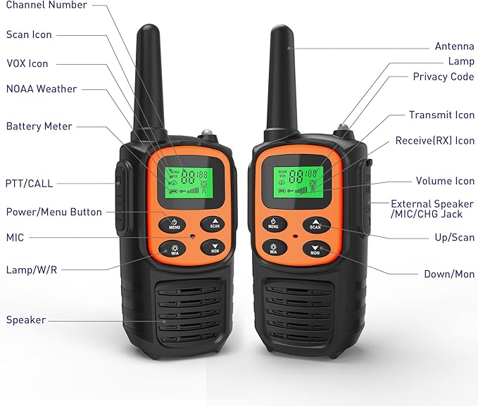 Rechargeable Walkie Talkies,Fvamom Walkies Talkies for Adults with 22 Channels,Long Range Walkie Talkies with NOAA Weather Channels,VOX LCD Display LED Flashlight (Orange)