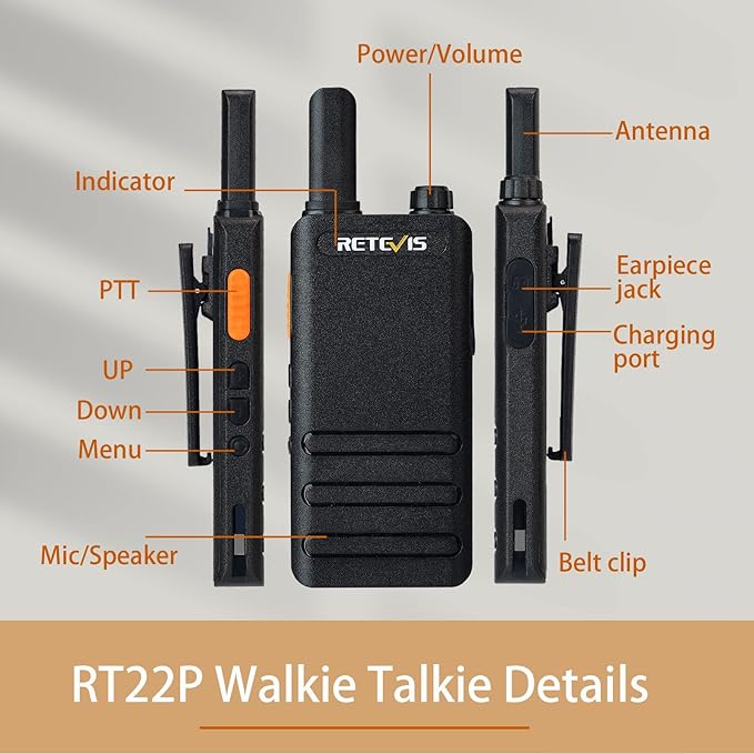 Retevis RT22P Walkie Talkie with Earpiece, New Version of RT22(2.0), Handheld 2 Way Radio Rechargeable 1620mAh, USB-C, VOX, Ultra-Thin Walkie Talkies Mini for Outdoor Camping Skiing Gift(2 Pack)
