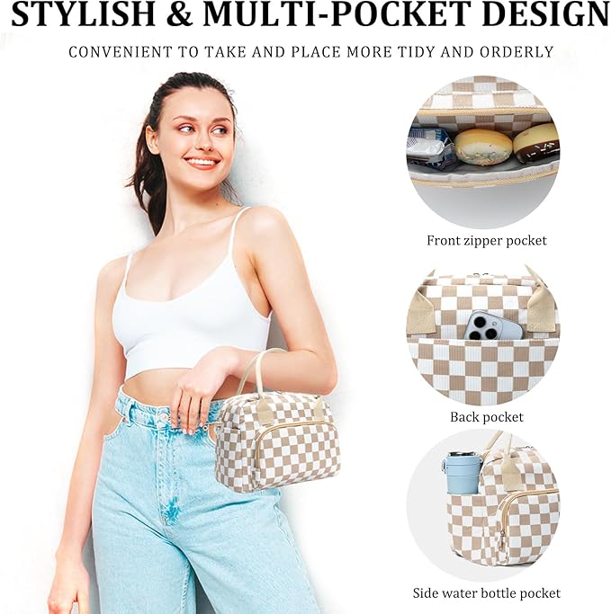 Insulated Lunch Bag for Women Men Large Reusable Lunch Box Adult Leakproof Portable Cooler Tote Bags for Work Picnic (khaki plaid)