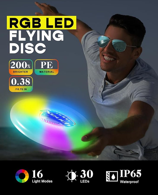 Flying Disc, Glow Frisbee with 30 RGB LEDs, 16 Light Modes and 4 Brightness, 6-Hour Playtime, Built-in Timer & Sensor, 175g - Christmas, Birthdays Gifts for Men/Boys/Teens/Kids