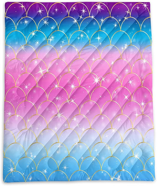Axolotl Mermaid Scales Outdoor Puffy Camping Blanket,Rainbow Portable Outdoor Blanket,Glitter Starry Lightweight Camping Blanket,Sparkly Waterproof Backpacking for Traveling Picnic,Purple,Blue,Pink