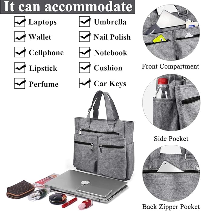 VOLGANIK ROCK Canvas Tote Bag Waterproof Nylon Multi Pocket Shoulder Bags Laptop Work Bag Teacher Purse Handbag for Women Men