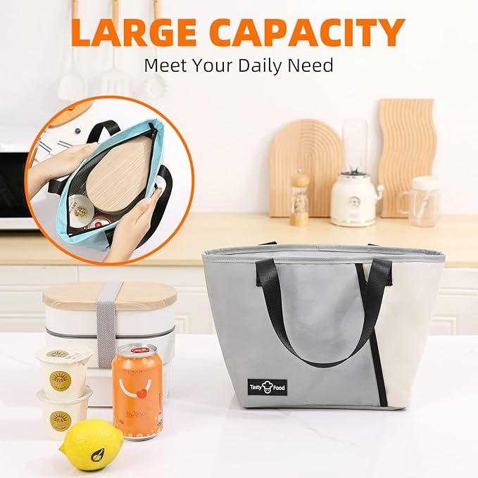 Lunch Bag for Women Men, Reusable Lunch Tote Lunch Box, Large Capacity Leakproof Lunch Tote Bags with Front Pocket for Work Office Picnic or Travel (Light Gray)