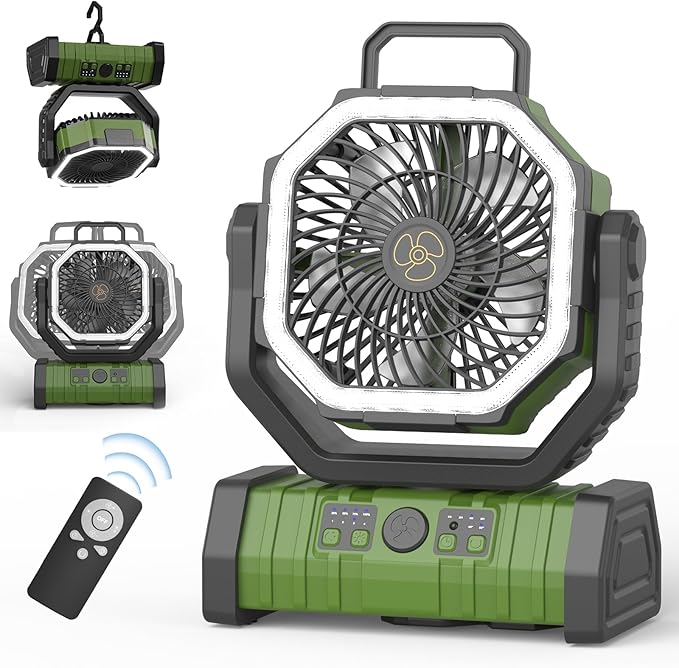 20000mAh Portable Camping Fan Rechargeable with LED Light, Hook, Battery Powered, 4-Speeds, Timer, Remote Control, USB for Travel, Tent, Room, Car, Picnic, Bed, Emergency, Fishing, BBQ - Green