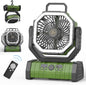 20000mAh Portable Camping Fan Rechargeable with LED Light, Hook, Battery Powered, 4-Speeds, Timer, Remote Control, USB for Travel, Tent, Room, Car, Picnic, Bed, Emergency, Fishing, BBQ - Green
